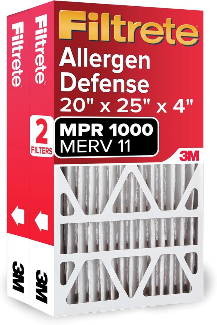 Filtrete 20x25x4 Air Filter MERV 11, MPR 1000 Micro Allergen Defense 2-Pack, Fits Honeywell & AprilAire, AC Furnace HVAC Filters for Home, Pleated Electrostatic (Actual Size 19.88 x 24.63 x 4.31 in)