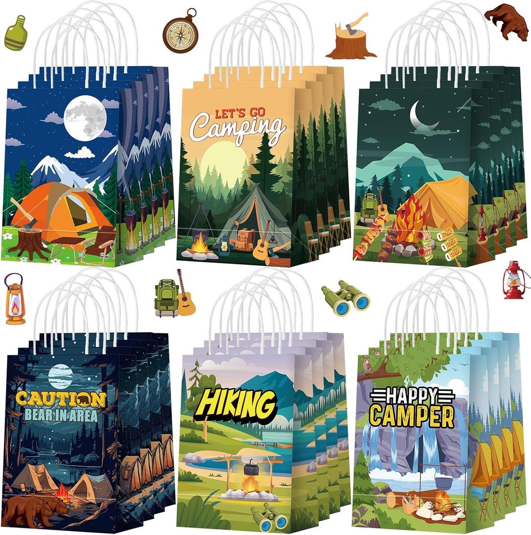 Kosiz 24 Pcs Camping Party Favors Bags Camp out Gift Goodie Paper Bags Hiking Campfire Adventure Tent Happy Camper Candy Treat Pouch with Handles for Camping Birthday Party Decorations Supplies
