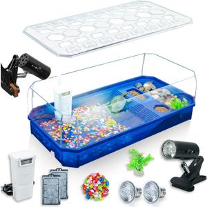 Aquatic Turtle Tank Habitat Kit Stone+Filter+Heat Lamp Enhancing Interaction with 360 Viewing, Standalone Filtration, DIY Creative Zone, Enriched Living (Blue, X-Large[with Light])
