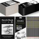 Humyoun 24 Pcs Top Spiral Bound Sketch Pad with Drawing Pencils Set, 5.5 x 8.5 Inch Sketchbook, 68lb(100gsm) Thick Paper, Charcoal & Graphite Pencils (12B-4H) for Shading, Artists & Beginners