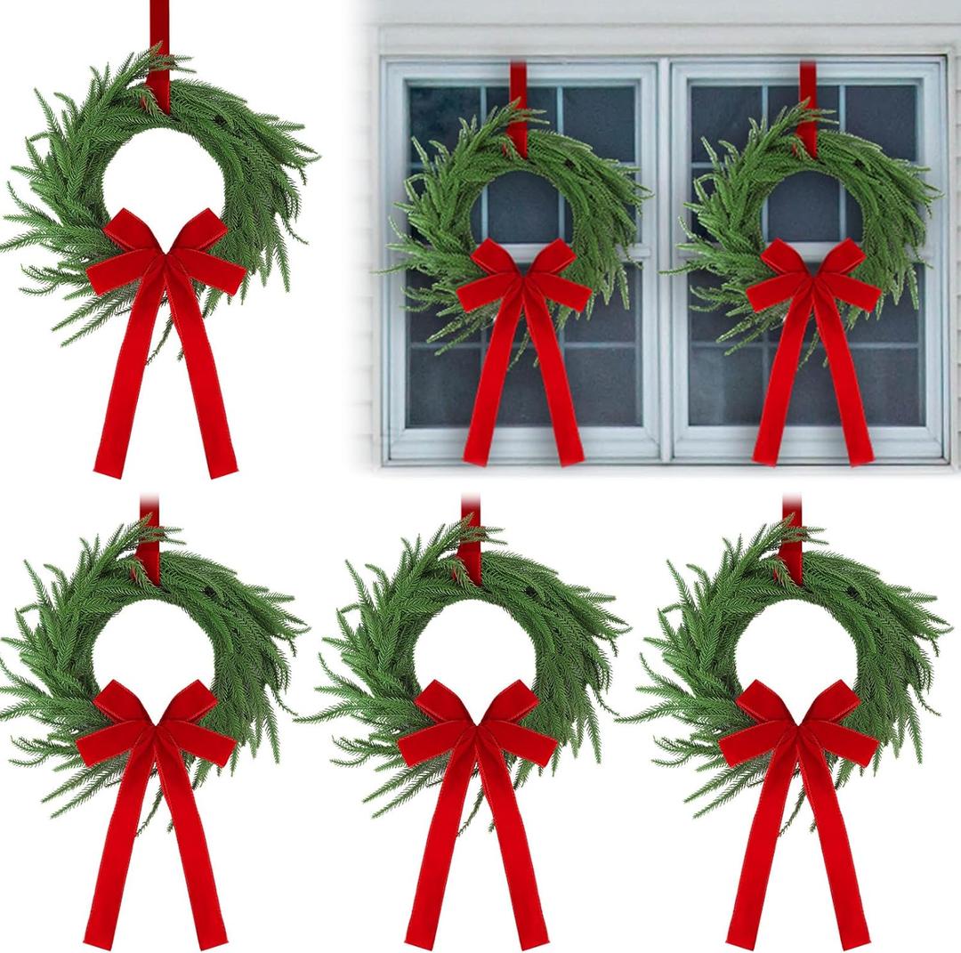 Janinka 6 Pcs Christmas Wreath for Windows 11.8 Inch Christmas Window Decorations Cabinet Wreaths with Red Bow Greenery Artificial Hanging Garlands for Fireplaces Window Home (Norfolk)