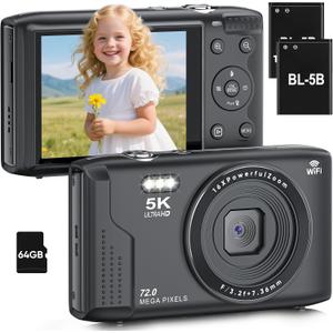 5K Digital Camera for Photography with WiFi, Vloging Camera with 64GB SD Card, Autofocus 16x Zoom Kids Video Camera with Flash for Boys Girls Teens Students, Anti Shake 2.8'' Screen