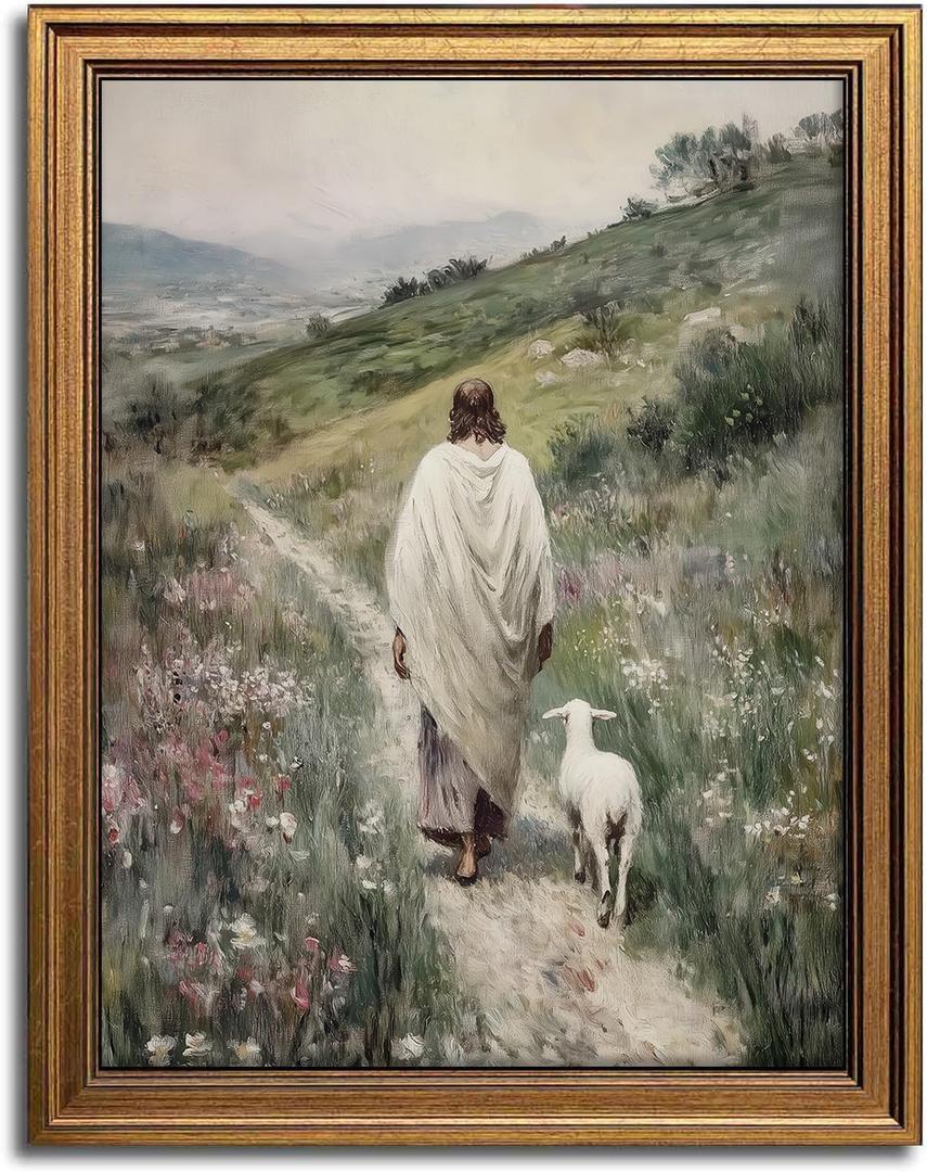 Aroutde Jesus Wall Art Christian Canvas Wall Decor Vintage Gold Framed Jesus Leaves the 99 Sheep Printing Modern Religious Art Print for Living Room Prayer Room Bedroom Decor (16L''x12W'') (Good Shepherd Jesus)