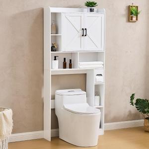 Over The Toilet Storage Cabinet, 32 Inches Width Farmhouse Storage Cabinet Over Toilet with 2 Barn Door, Toilet Paper Holder Stand, Toilet Rack for Bathroom, Laundry, Restroom, White