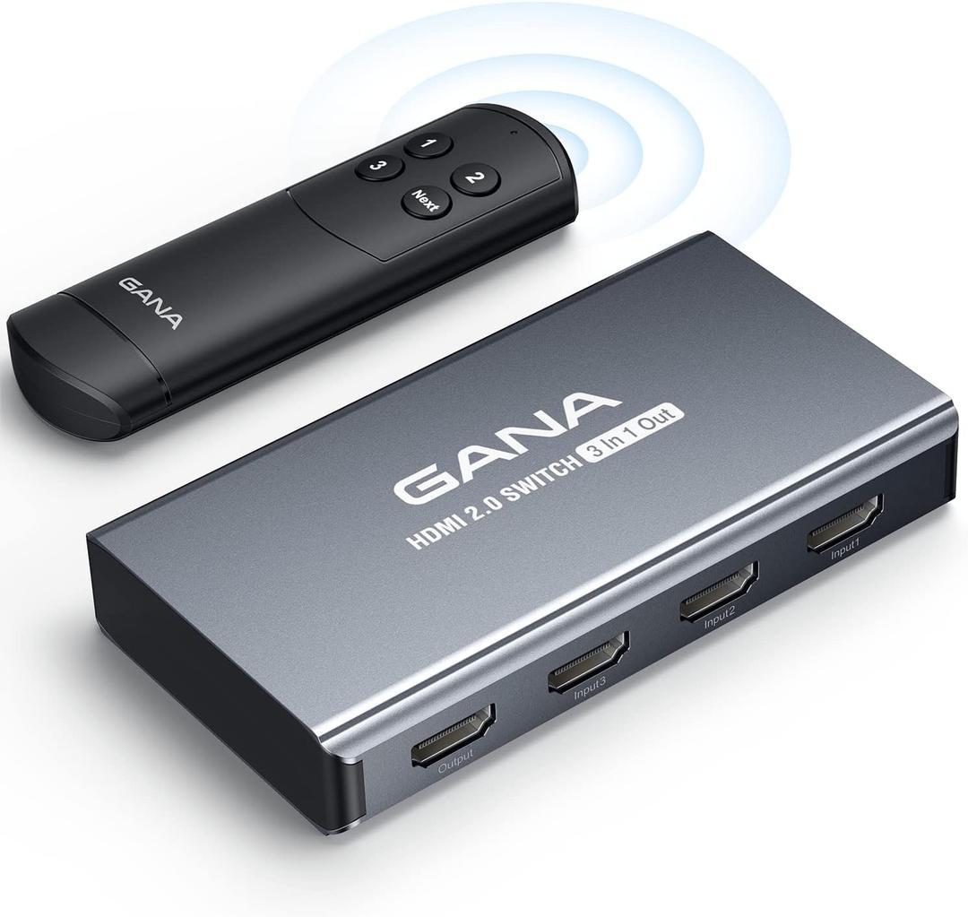 HDMI Switch 3 in 1 Out 4K@60Hz, GANA HDMI Splitter Switcher with Remote, Aluminum HDMI 2.0 Switch Box Hub for 3D, HDCP2.2, HDR, Compatible with Xbox, PS5/4/3,Fire Stick,Roku,Blu-Ray Player, Grey I