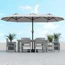 Kingdura 13ft Large Patio Umbrella with Solar Lights, Double-Sided Rectangle Outdoor Table Umbrella with Base Included, 12 Reinforced Ribs, 48 Led Lights, Crank Lift for Market Pool Deck, Light grey