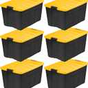 IRIS USA 72 Qt Stackable Plastic Storage Bins with Lids, 6 Pack - BPA-Free, Made in USA - Garage Organizing Solution, Latches, Durable Nestable Containers, Secure Pull Handle - Black/Yellow