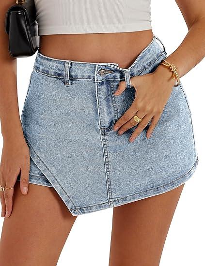 Womens Denim Skorts Stretchy High Waisted Jean Skort for Women Trendy Asymmetrical Mini Skirt with Shorts and Pockets M