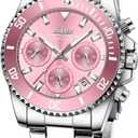 Women's Elegant Chronograph Rotatable Bezel Mineral Glass Luminous Watch Stainless Steel Waterproof Date Analog Quartz Watch Fashion Business Dress Wrist Watch (Silver Pink)