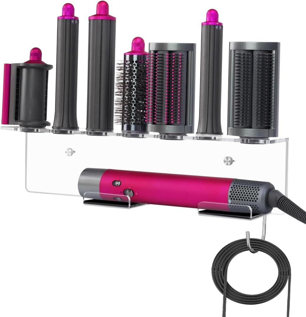 Acrylic Wall Mount Holder Compatible with Airwrap Styler & 7 Attachments, 6mm Extra Thick Organizer Rack with Brushed Silver Decorative Screws, Heavy Duty Space Saving Storage Shelf(Only for Airwrap!)