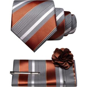 JEMYGINS Mens Striped Tie and Lapel Pin Necktie Pocket Square and Tie Clip Sets for Business Casual 4PCS (Rust)