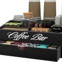 Suli Coffee Station Organizer,Extra Large Wooden Countertop Pods Holder with Drawer,Storage for Condiment Syrup Tea Cups,Rustic Bar Decor for Accessories Organizer (2 Tiers 11 Compartments)-Black