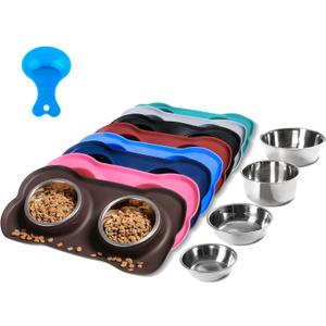 Hubulk Pet Dog Bowls 2 Stainless Steel Dog Bowl with No Spill Non-Skid Silicone Mat + Pet Food Scoop Water and Food Feeder Bowls for Feeding  Dogs Cats Puppies (Small, Chocolate)