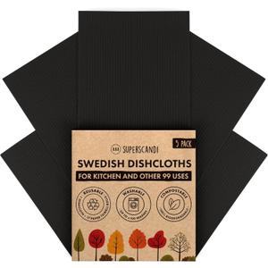 SUPERSCANDI 5 Pack Swedish Dishcloths for Kitchen - 100% Biodegradable & Compostable | Reusable Paper Towels Washable, Food-Safe & Without Plastic - Dish Rags Suitable for Any Surface | Premium, Black