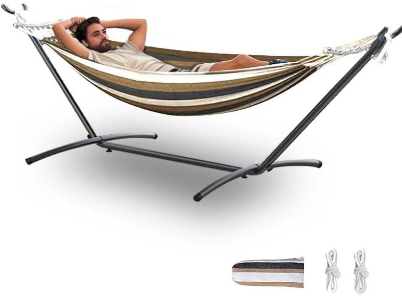 Double Hammock with Stand, 2 Person Hammock with Carrying Bag,Heavy Duty Portable,500 lb Capacity, Perfect for Both Indoors and Outdoors,Coffee