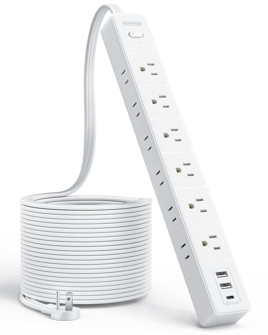 15 FT Flat Extension Cord with 12 AC Outlets with 3 USB Ports (1 USB C), 1875W 15A 14 Gauge 3 Prong, 1080J Long Surge Protector Power Strip, On-Off Switch, Mountable for Home Office Garage Workshop