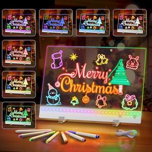 LED Note Board with Colors, Rechargeable LED Drawing Board with 7 Markers, 5 Mode 13.8" x 9.8" Acrylic Message Board with Light, Include Hanging Chain, Led Drawing Board with Stand for Room Decor