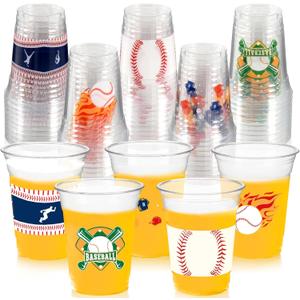 CUPLOOV 100Pcs Baseball Party Decorations Cups,12OZ Clear Disposable Plastic Drinking Cups For Baseball Theme Birthday Party Decor Supplies