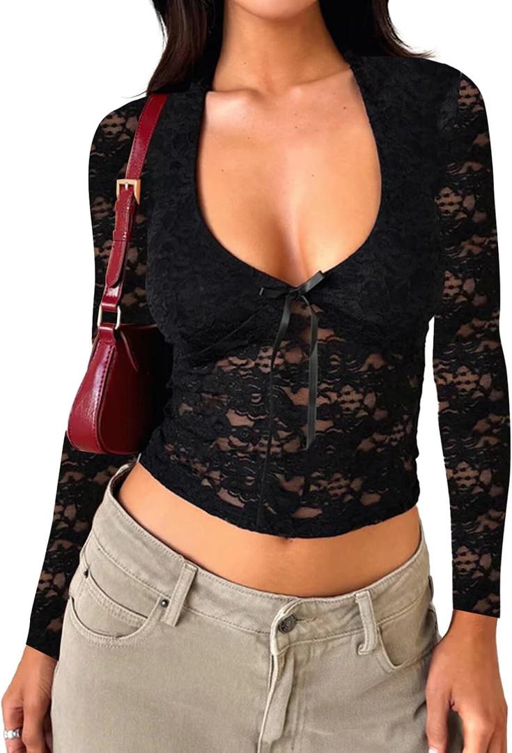 Falechay Women's Lace Long Sleeve Shirt Low Cut Y2K Slim Fit Top Bow Sexy Going Out Club Concert Clothes (Large, Black)