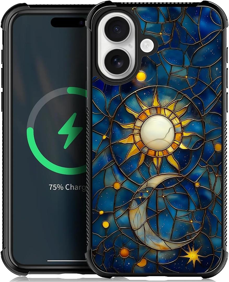 for iPhone 17 Case,Moon Stars Celestial Glass Design[Compatible with MagSafe],All-Round Protection Shockproof Anti-Scratches TPU Cover,Cases for Woman Man