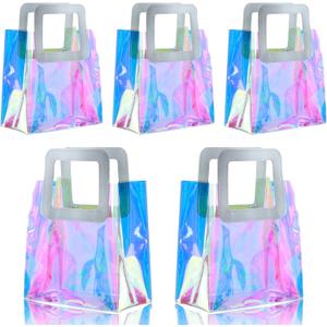 GcFoir 5 Pcs Reusable Holographic Small Gift Bags with Handle 8.3''x8''x4'' Iridescent Bachelorette Party Favor Bags Clear PVC Tote Goodie Bags for Shopping, Picnic, Baby Shower, Wedding, Holidays