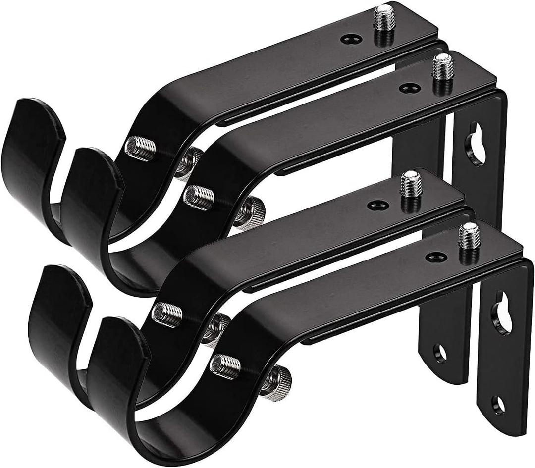 LAMYOO Curtain Bracket Set of 4, Black Metal, Wall Mount, 1 or 1 1/8 Inch Rods, Adjustable 4.3" to 5.8"