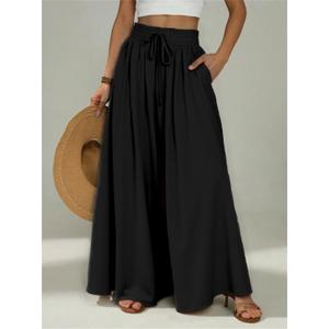 Women's Casual Pants Wide Leg High Waist Adjustable Knot Loose Vacation Trousers (Black), Size Large