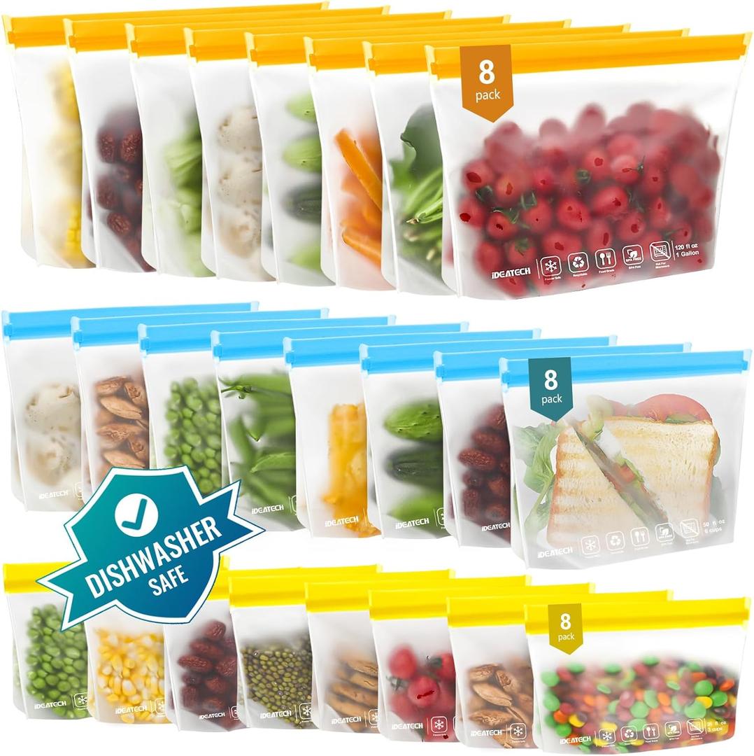 24Pack Reusable Food Freezer Bags Dishwasher Safe, Leakproof Storage Contaizers, Reusable Bags Various Size for Food Storage, BPA Free Resealable Baggies(8Gallon 8Quart 8Snack,Colored) (Multicolor)