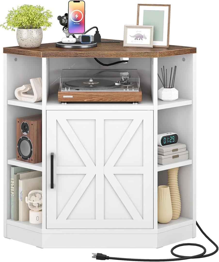 CHOEZON Corner Cabinet with Charging Station, Farmhouse Corner Bookshelf, Corner Storage Cabinet with Adjustable Shelf, for Living Room, Bedroom, Kitchen, Bathroom, White and Walnut MCW26UWL