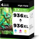 936XL (936e) Ink Cartridges Combo Pack Replacement for HP 936 e XL for OfficeJet 9122e Pro 9125e 9120e 9128e 9135e 9110b 9120b 9128 9130 9130e 9110e 9130b 9135 for HP936 Black Cyan Magenta Yellow