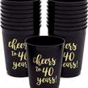 16 Pack Cheers to 40 Years Plastic Party Cups - 40th Birthday Decorations for Men and Women, Anniversaries (Black, 16 oz)