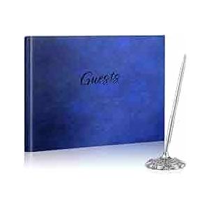 Leather Guest Book and Pen Stand Set, 10.5" x 8" Embossed Guests Sign in Book Registry Book for Funeral, Wedding Reception, Vacation Homes and Events, 80 Sheets (Blue)