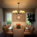 6-Light Black Farmhouse Chandelier with White Fabric Shade, Black Light Fixture for Dining Room Kitchen Island Living Room Entryway.E12.