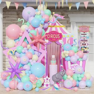 Carnival Circus Pastel Balloon Arch Garland Kit, 143pcs Macaron Pink Purple Blue Green Yellow Balloons Explosion Star Foil Balloons for Carnival Theme Birthday Party Baby Shower Decorations