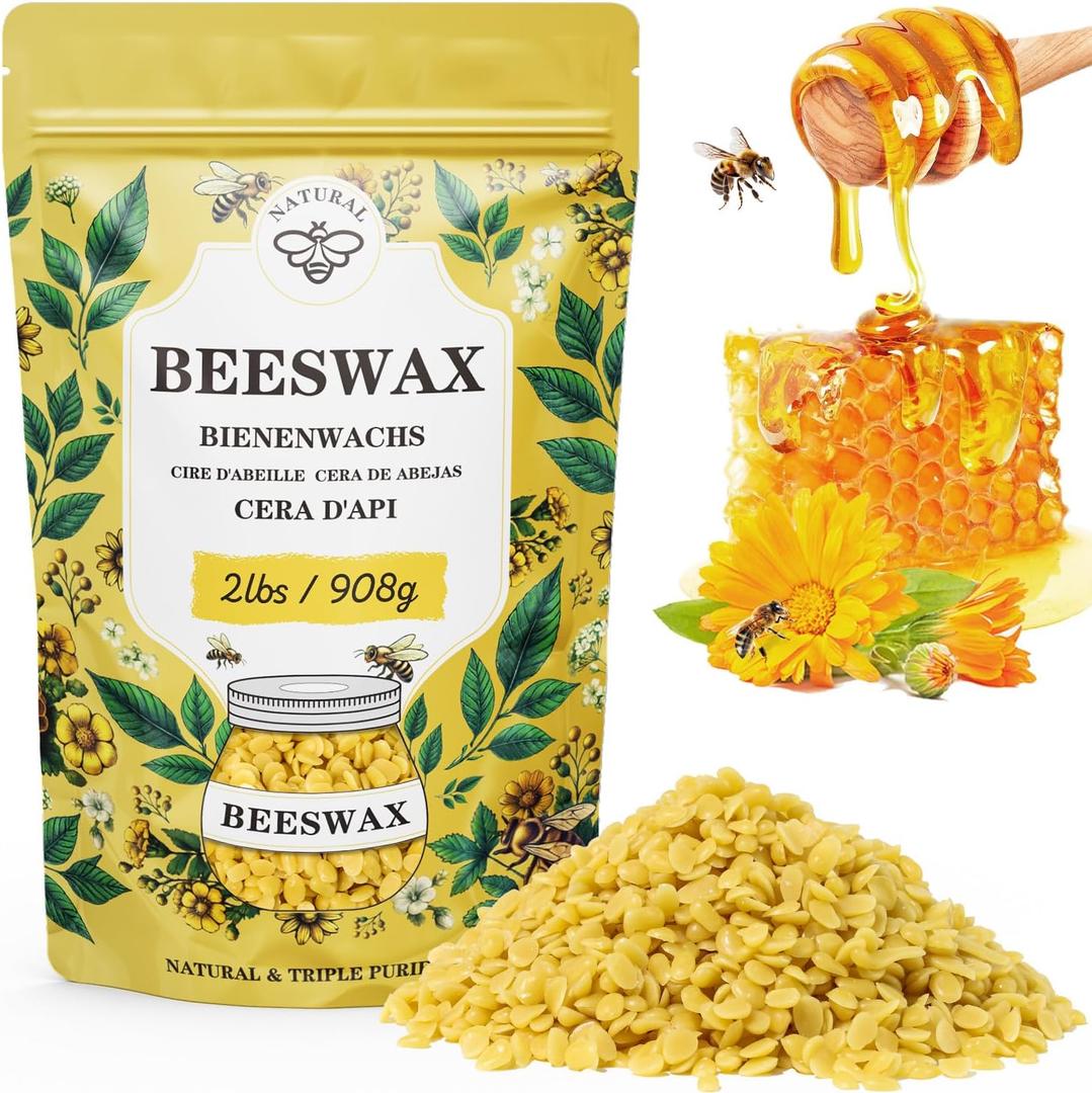 Beeswax pellets 2LB, VEGISHINE Pure and Natural Yellow Beeswax for DIY Skin Care, Lip Balm, Polishing, Lotion, Soap, Candle Making Supplies
