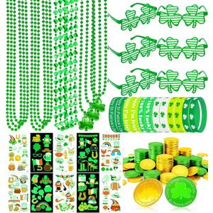 Jeowoqao 184pcs St Patricks Day Accessories Party Favor Set, St. Patrick's Day Glasses Temporary Tattoos, Irish Accessories Necklaces Shamrock Lucky Coins Bracelets Saint Patricks Parade Throw Decor