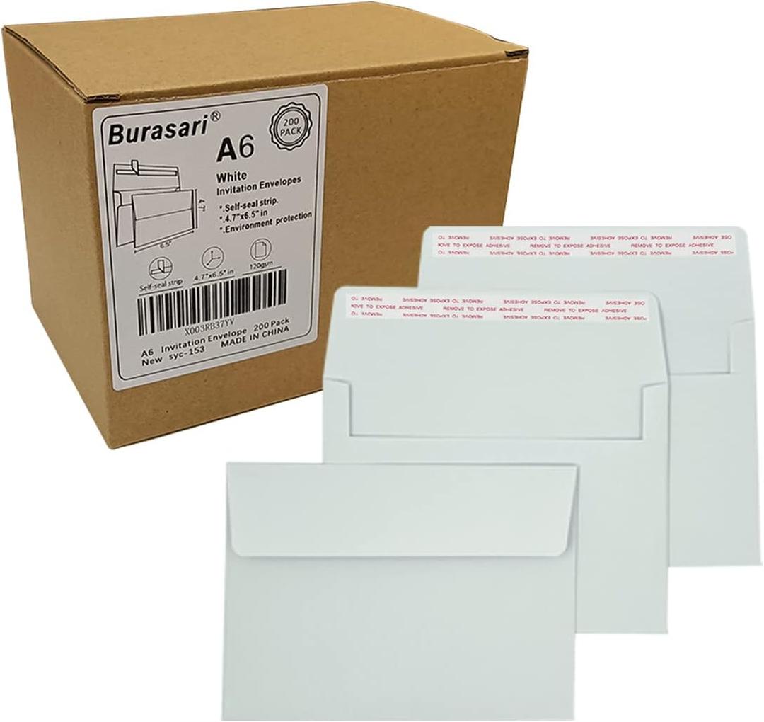 A6 Invitation envelopes200 PCS 4.7x6.5 in - windowless design 120GSM white paper envelopes with printabl quick self-seal for invitations, greeting cards, photos invoices