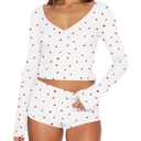 Ezbelle Lounge Set 2 Piece for Women Matching Loungewear Shorts Pajama Outfit Button Down Cropped Shirt V Neck Pjs Floral Sexy Set White Heart XS