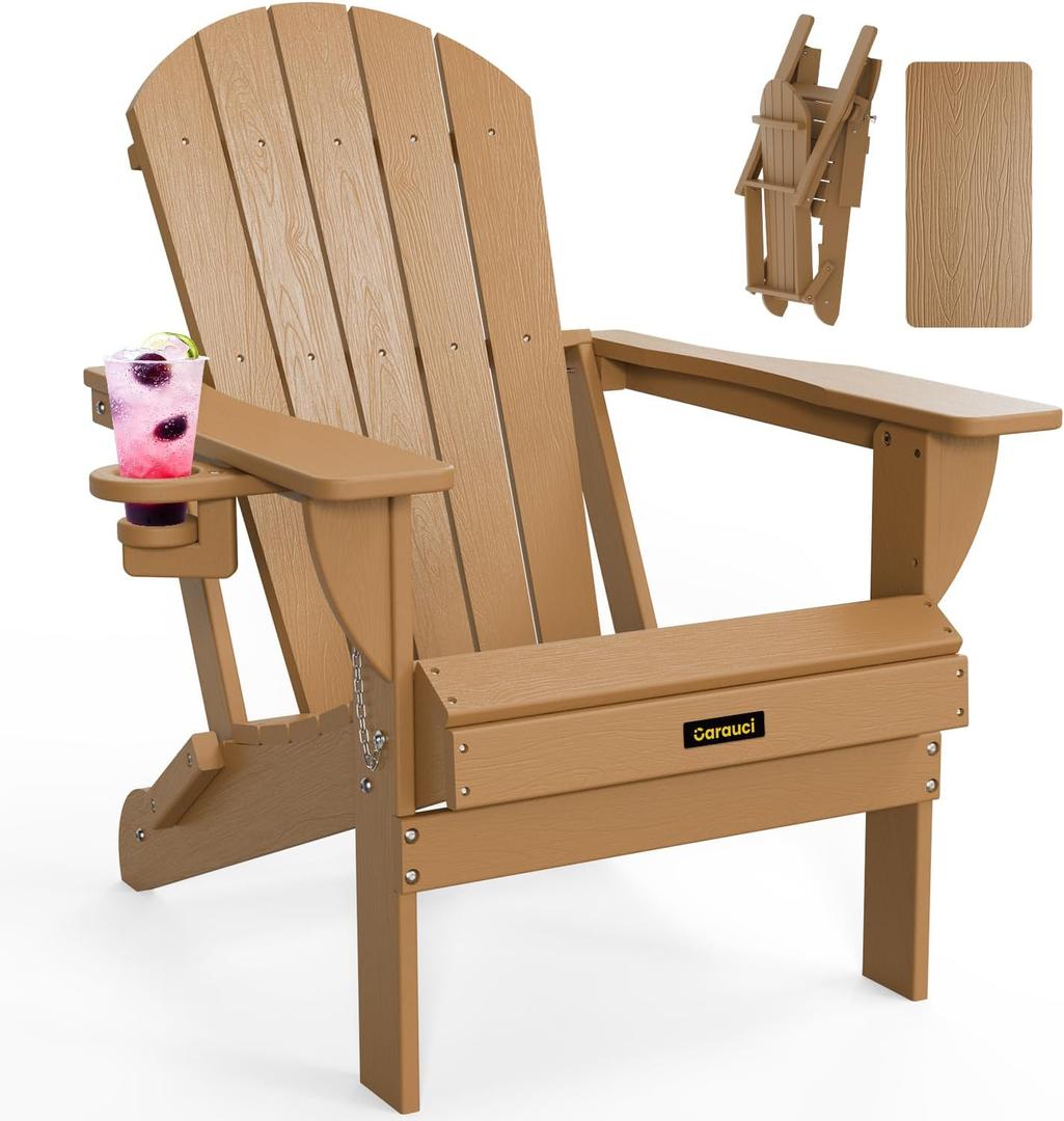 Plastic HDPE Adirondack Chair, Folding Adirondack Chair Weather Resistant with Cup Holder, Wooden Textured Fire Pit Outdoor Chair for Garden, Porch, Lawn, Backyard, Supports 380LBS, Teak (Pack of 1)
