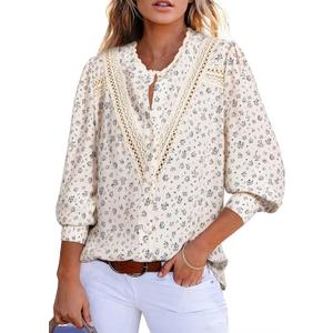 Astylish Women's Lace Crochet Patchwork Floral Long Sleeve Button Down Blouse (L)