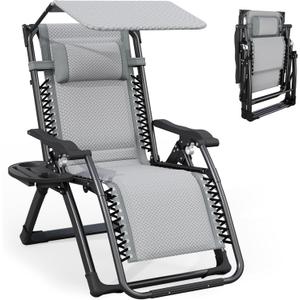 ATORPOK Padded Zero Gravity Lounge Chair - Foldable Patio Recliner w/Adjustable Canopy, Headrest & Cup Holder for Backyard, Poolside & Beach (Gray)
