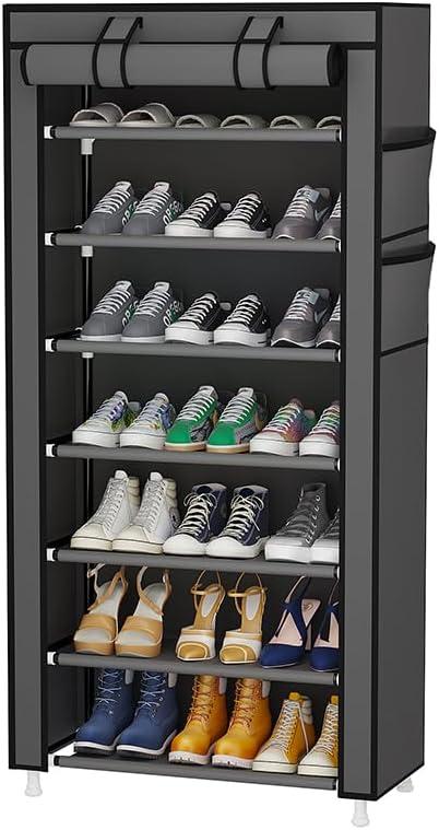 Calmootey 7 Tier Shoe Rack Organizer, Portable Shoe Shelf with Nonwoven Fabric Cover for Closet Hallway, Bedroom, Entryway, Grey
