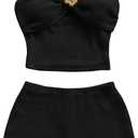 Verdusa Women's 2 Piece Vacation Outfits Textured One Shoulder Crop Tops with Micro Shorts Summer Y2k Clothing Set (Medium, Black)