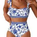 Herseas Women's Tie Shoulder Bikini Sets 2 Piece High Waisted Swimsuits | Removable pads,tummy control bathing suits,adjustable strap,full coverage,beach vacation outfits,cruise essentials Medi