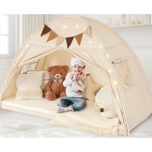 Full Size Bed Tent Canopy, Kids Play Tent with Flags & Star Lights, Canopy on Bed Privacy Space Sleeping Blackout Tents, Indoor Breathable Portable & Foldable, XL-Large Cream Tassels Style