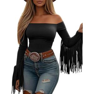 Fringe Tops for Women Western Cowgirl Off The Shoulder Fall Long Sleeve with Tassels Stretchy Crop Shirts Blouses (XX-Large, Black)