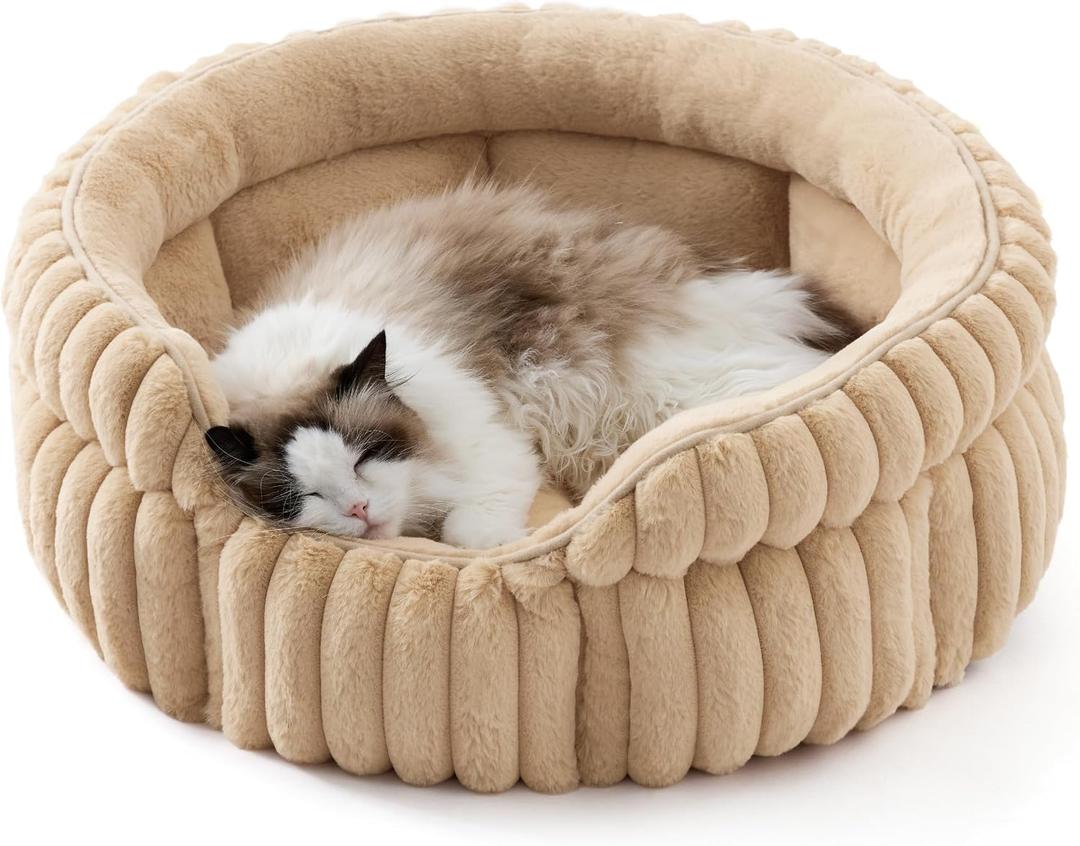 Bedsure ComfyFleece Cat Bed, Washable Round Cute Cat Beds for Indoor Cats, Super Soft Corduroy Pet Bed for Puppy and Kitten with Anti-Slip Bottom, 23''x23''x8.5'', Sandy Beige