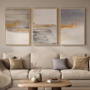 Framed Large Neutral Abstract Wall Art, Set of 3 Canvas Modern Prints Paintings, Minimalist Landscape Beige Gray Picture Artwork Decor for Living Room Bedroom Office 24x36 Inch, beige and gray