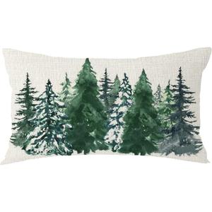 1-Pack Merry Christmas Snowflake Trees Pine Cedar Lumbar Decorative Throw Pillow Cover Cushion Case Cotton Linen for Bed Sofa Holiday Outdoor 12x20inches, Grass Green&white