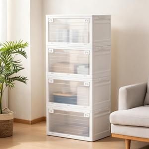 SOBIBO 4-Tier 101QT Stackable Storage Bins with Lid, Doors & Wheels, White | 101QT Capacity Per Tier, Double Doors, Collapsible, Pressure-resistant Plastic, Ideal for Garments, Books, Daily Supplies